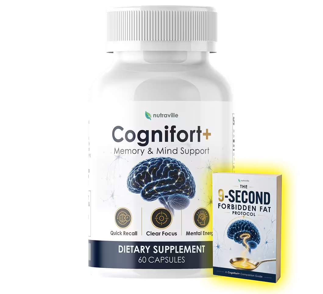 CogniFort Plus Memory and Mind Support supplement bottle with bonus guide
